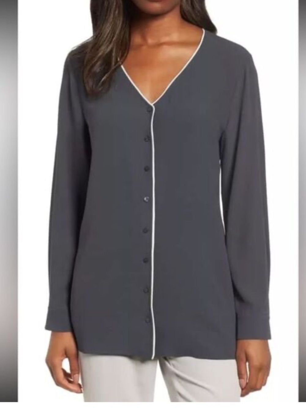 Eileen Fisher graphite grey silk crepe V-neck top Size M